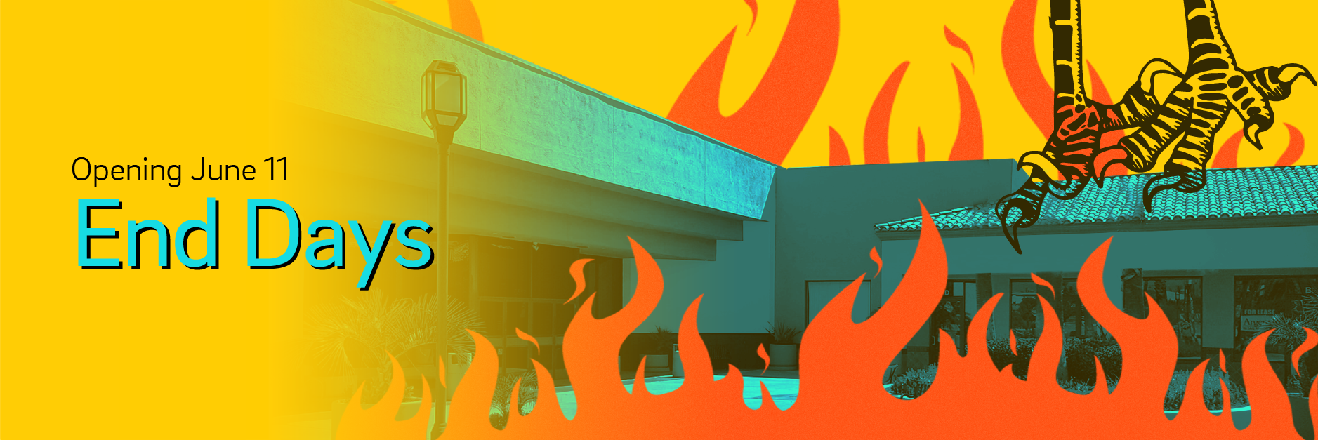 cartoon bird feet hover over a shopping mall on fire